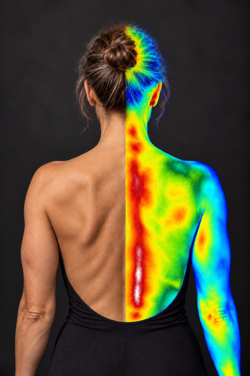 A woman's back shown half as a natural photo and half as a thermography image